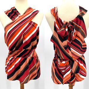 NY&CO Soho Womens Halter Peplum Top Small Multi Stripe Tie Neck and Back Boho